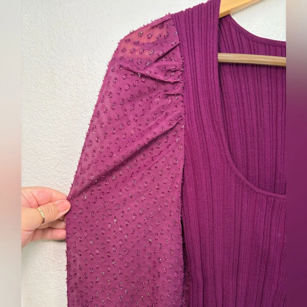 Anthropologie Puff-Sleeve Shimmer Plum Ribbed Knit Top Sheer Puff Sleeves Boho S